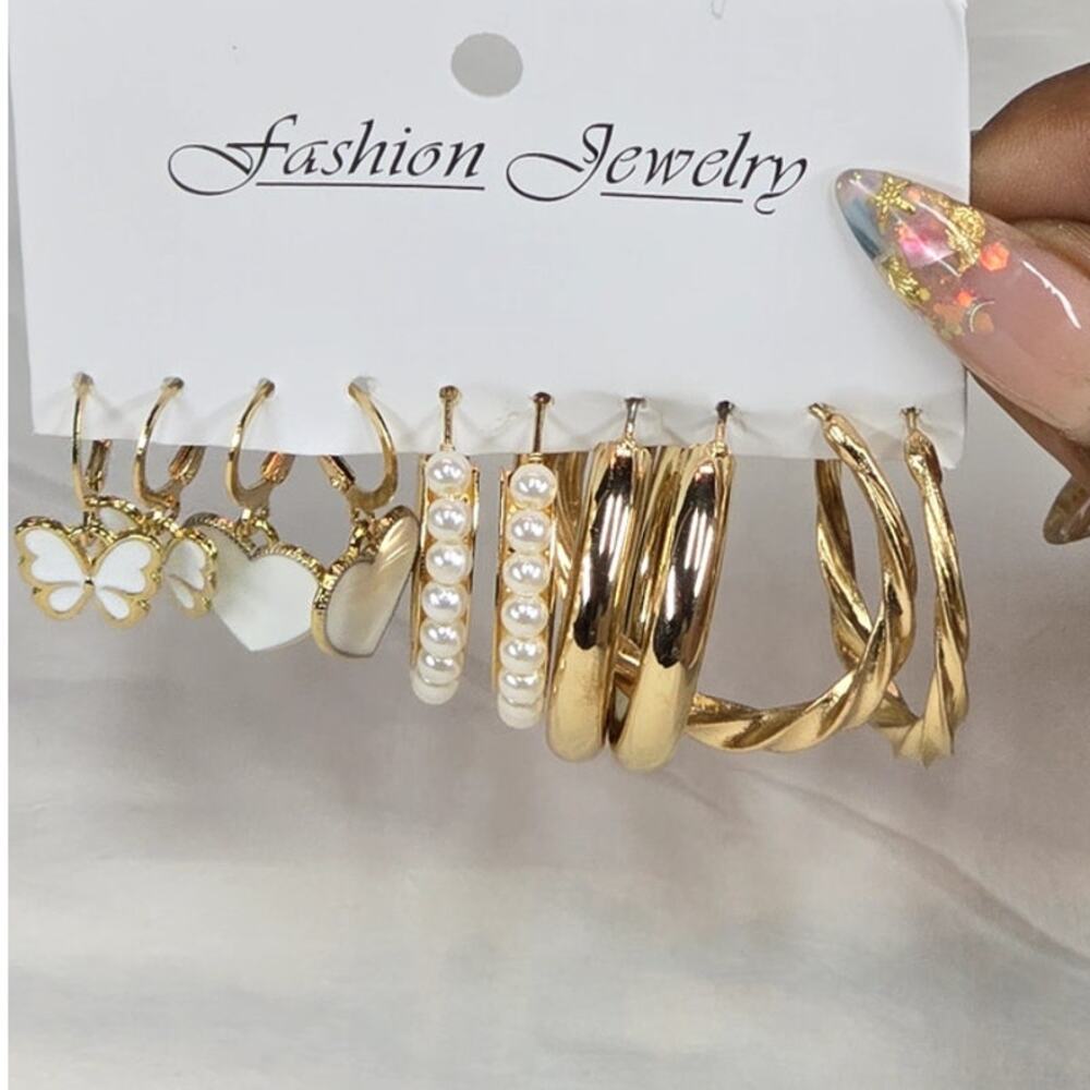 5-Pair Gold-Tone Fashion Earrings Set – Pearl, Hoop, and Dangle Styles